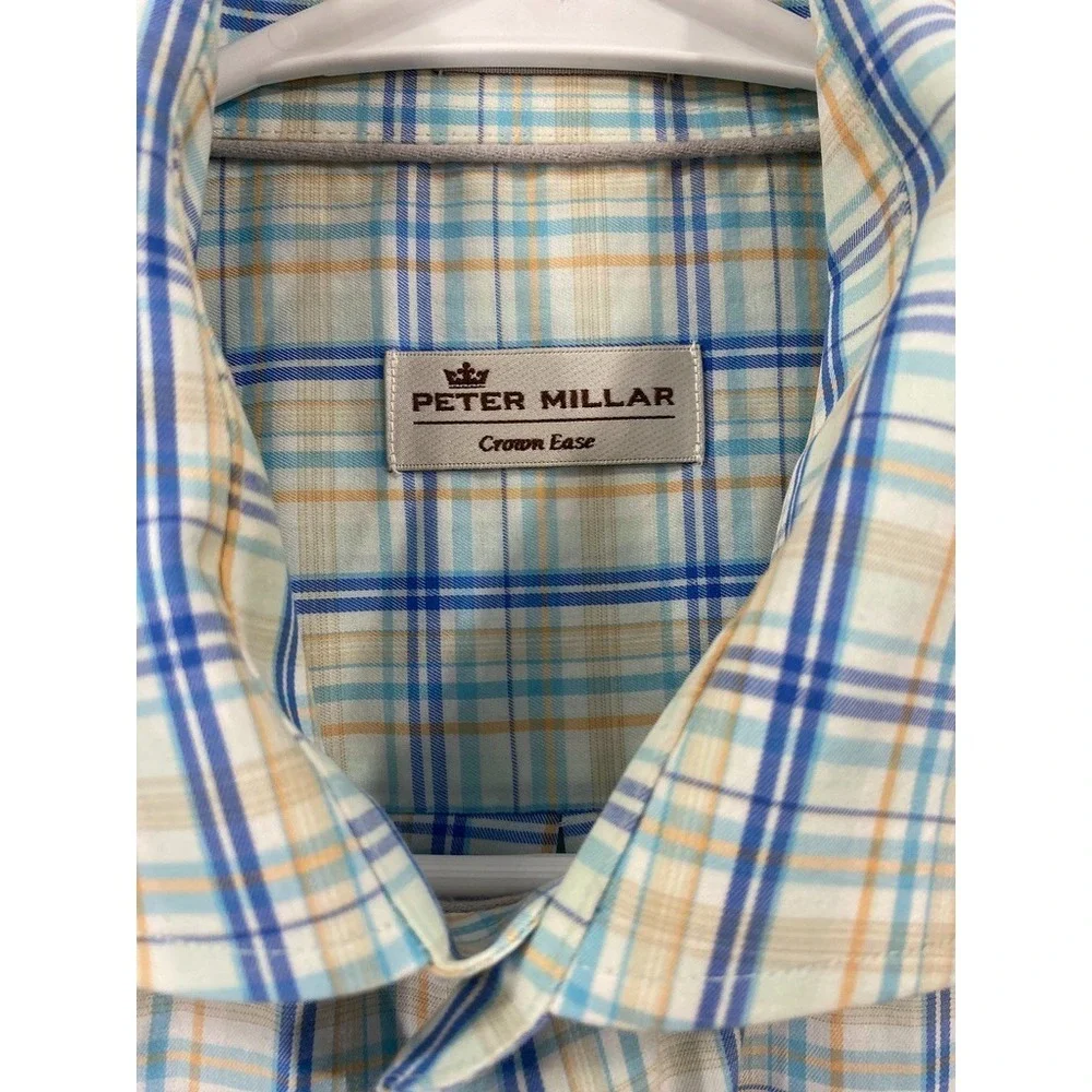 Peter Millar Crown Comfort Mens LARGE‎ Blue Plaid Button Down Shirt Long Sleeve